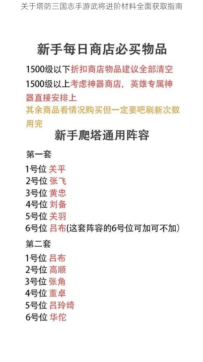 关于塔防三国志手游武将进阶材料全面获取指南