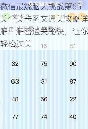 微信最烧脑大挑战第65关全关卡图文通关攻略详解：解密通关秘诀，让你轻松过关