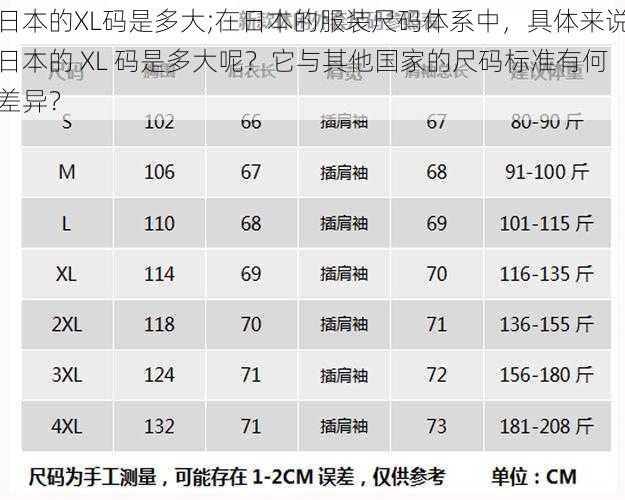 日本的XL码是多大;在日本的服装尺码体系中，具体来说日本的 XL 码是多大呢？它与其他国家的尺码标准有何差异？