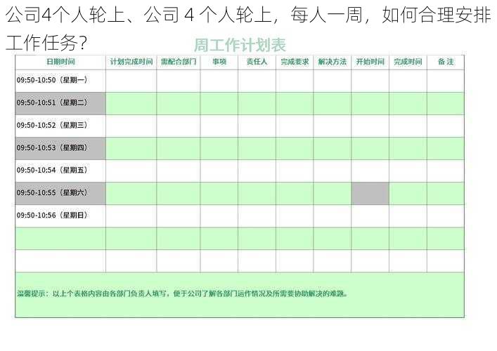 公司4个人轮上、公司 4 个人轮上，每人一周，如何合理安排工作任务？