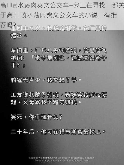 高H喷水荡肉爽文公交车—我正在寻找一部关于高 H 喷水荡肉爽文公交车的小说，有推荐吗？