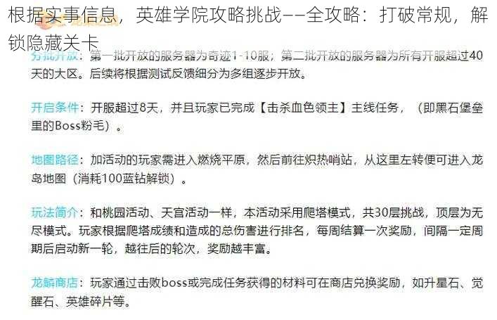 根据实事信息，英雄学院攻略挑战——全攻略：打破常规，解锁隐藏关卡