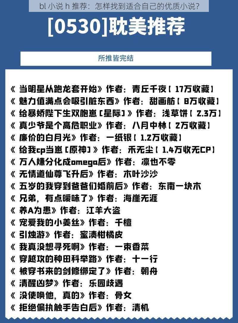 bl 小说 h 推荐：怎样找到适合自己的优质小说？