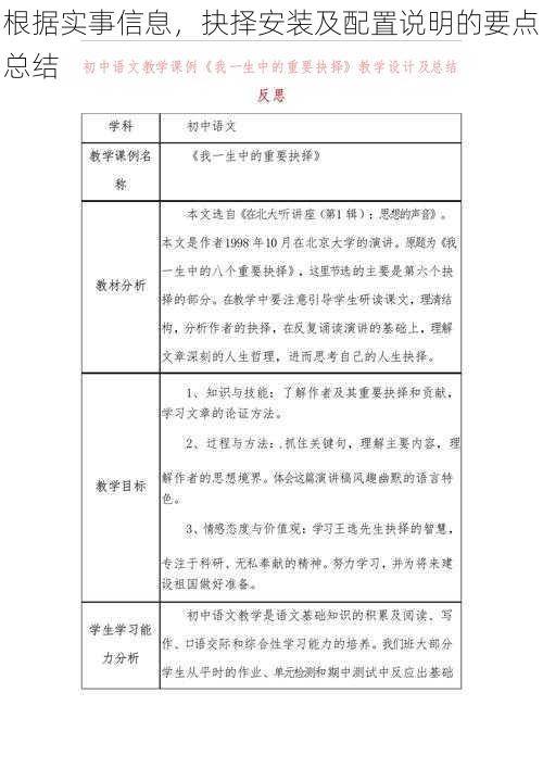 根据实事信息，抉择安装及配置说明的要点总结