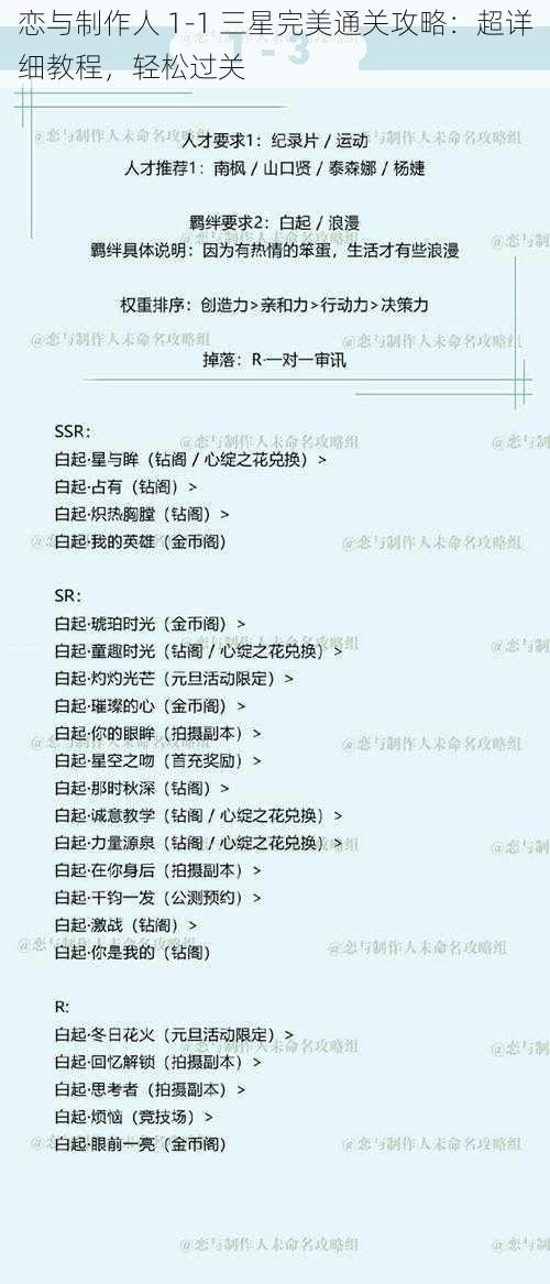 恋与制作人 1-1 三星完美通关攻略：超详细教程，轻松过关